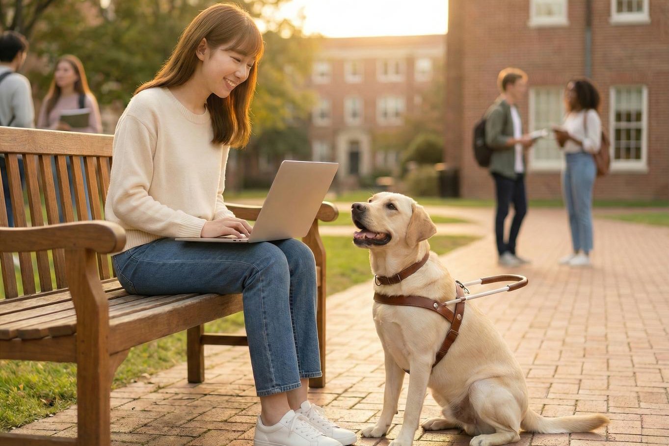 校庭のベンチで盲導犬とともにノートパソコンを使う学生のイメージ写真