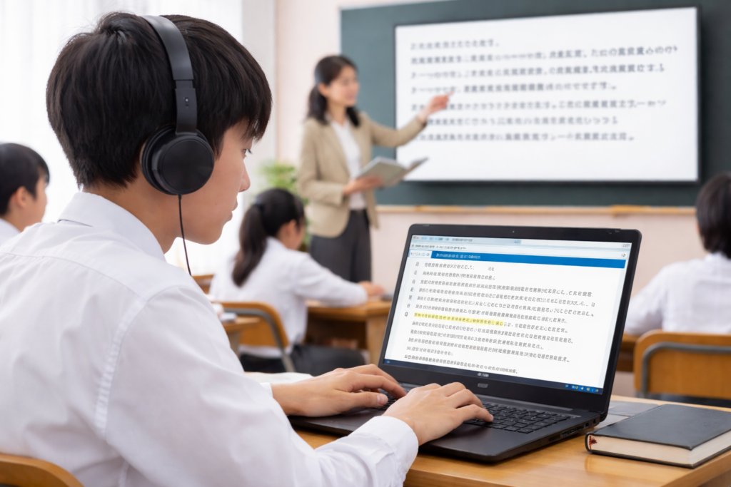 教室でヘッドホンを着けてノートパソコンの読み上げを聞きながら授業を受ける生徒のイメージ写真