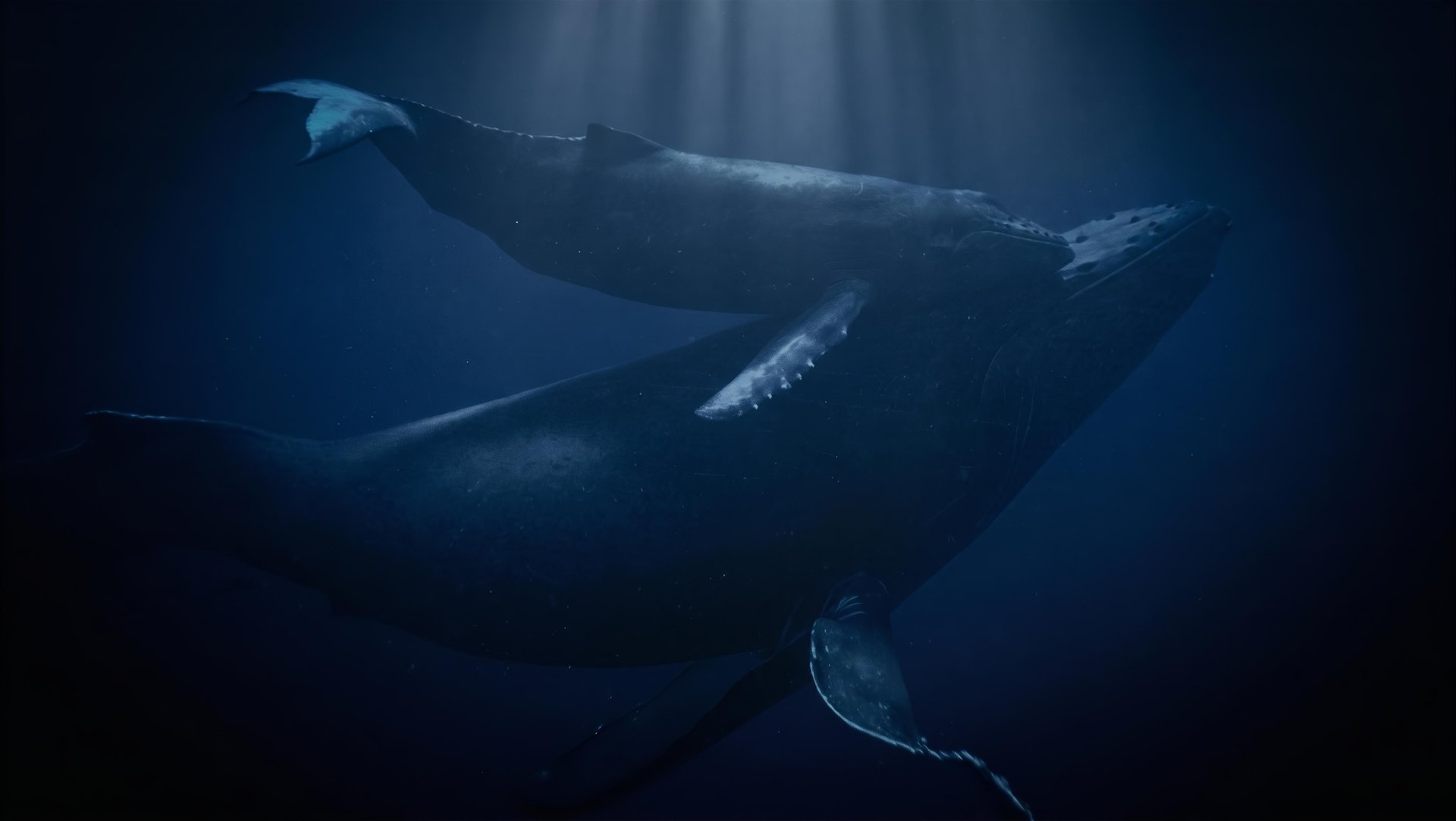 A calf whale swimming close to its mother toward the sunlight streaming down through the deep blue sea